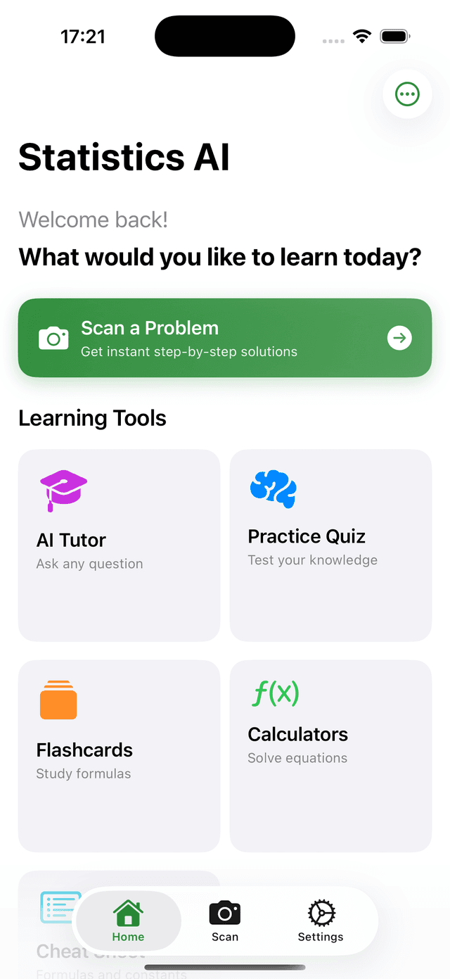 Statistics AI study app home screen on iPhone